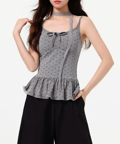 Miniministore(ミニミニストア)の「ドット柄キャミソール レースタイ付き夏服(キャミソール・レディース・ブラウン/ホワイト/グレー/ブラック・FREE)」の8枚目の写真