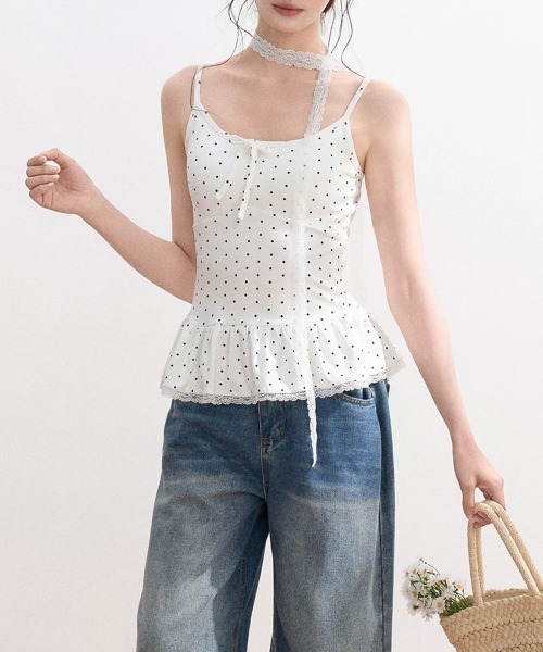 Miniministore(ミニミニストア)の「ドット柄キャミソール レースタイ付き夏服(キャミソール・レディース・ブラウン/ホワイト/グレー/ブラック・FREE)」の13枚目の写真