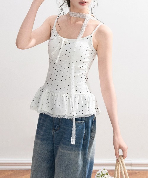 Miniministore(ミニミニストア)の「ドット柄キャミソール レースタイ付き夏服(キャミソール・レディース・ブラウン/ホワイト/グレー/ブラック・FREE)」の14枚目の写真