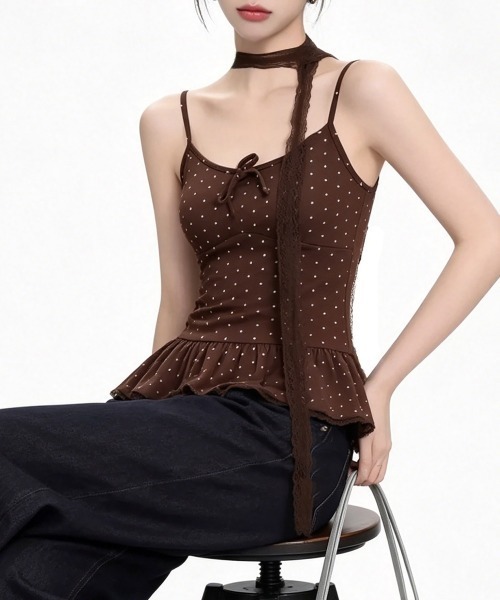 Miniministore(ミニミニストア)の「ドット柄キャミソール レースタイ付き夏服(キャミソール・レディース・ブラウン/ホワイト/グレー/ブラック・FREE)」の21枚目の写真