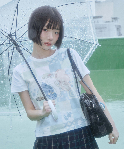 Video Jockey（ビデオジョッキー）の「[キョンゲXビデオザキ] パッチワークプリントTシャツ [ブルー]（Tシャツ/カットソー・レディース・ブルー・X-SMALL）」の5枚目の写真