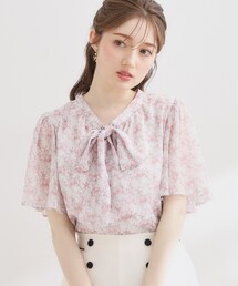 【洗える】リボンボウタイ 小花柄ブラウス