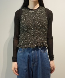 CLANE MIX MESH GATHER NO SLEEVE TOPS