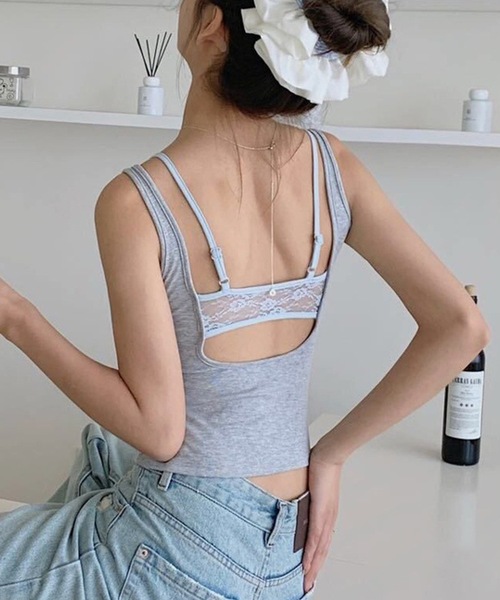 Lace Ladies(レースレディース)の「ソリッドカラー 背中開き ボタン カップ付き キャミソール(キャミソール・レディース・ブルー/ブラック/グレー/ホワイト・FREE)」の7枚目の写真