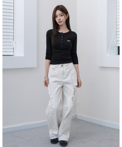 muahmuah（ムーアムーア）の「ベーシック7部ヘンリーネックTシャツ[ブラック]（Tシャツ/カットソー・レディース・ブラック・FREE）」の3枚目の写真