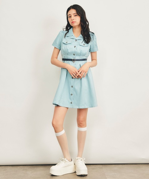 REDYAZEL（レディアゼル）の「ベルトミニシャツフレアワンピース（ワンピース・レディース・ピンク/ベージュ/サックスブルー/ネイビー・MEDIUM/SMALL）」の16枚目の写真
