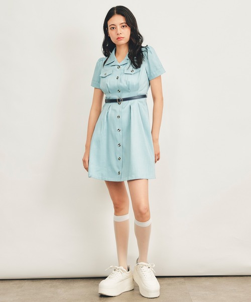 REDYAZEL（レディアゼル）の「ベルトミニシャツフレアワンピース（ワンピース・レディース・ピンク/ベージュ/サックスブルー/ネイビー・MEDIUM/SMALL）」の17枚目の写真