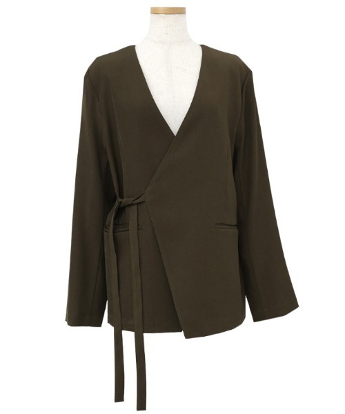 select MOCA Et（セレクトモカエト）の「【Et】Collarless Wrap Jacket（ノーカラージャケット・レディース・チャコールグレー/ブラウン・FREE）」の3枚目の写真