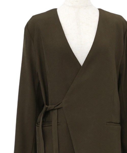 select MOCA Et（セレクトモカエト）の「【Et】Collarless Wrap Jacket（ノーカラージャケット・レディース・チャコールグレー/ブラウン・FREE）」の6枚目の写真