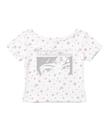 エブリグランス プリンティングフラワー ワンショルダー スリムフィット 半袖Tシャツ ホワイト