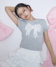 LACE RIBBON STRETCH SLIM FIT T SHIRT GREY