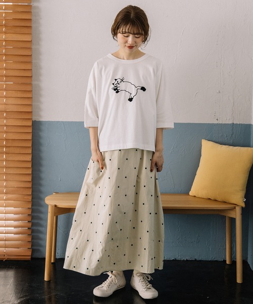 POU DOU DOU(プードゥドゥ)の「ドット刺繍ギャザースカート(スカート・レディース・キナリ/ダークブラウン/ダークグリーン・3)」の8枚目の写真