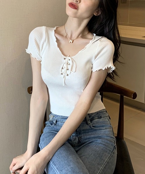 Girly Doll（ガーリードール）の「メロウフリルレースアップ半袖リブニット（その他トップス・レディース・ブラック/ホワイト・FREE）」の12枚目の写真