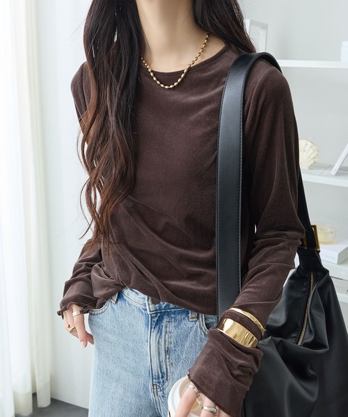 ReDial(リダイアル)の「シアーベロアトップス(クルーネック)(Tシャツ/カットソー・レディース・グレー/オフホワイト/ライトグレー/ブラウン/ブラック・3L/LL/L/M)」の1枚目の写真