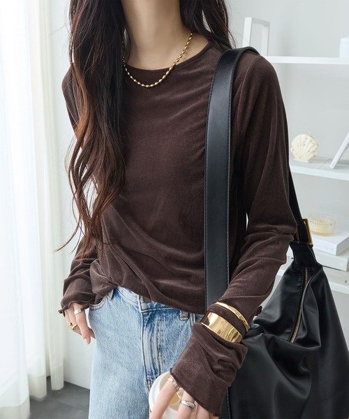 ReDial(リダイアル)の「シアーベロアトップス(クルーネック)(Tシャツ/カットソー・レディース・グレー/オフホワイト/ライトグレー/ブラウン/ブラック・3L/LL/L/M)」の8枚目の写真