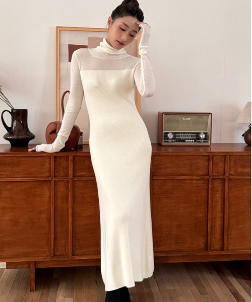 BIRTHDAY BASH(バースデイバッシュ)の「SHEER DOCKING KNIT DRESS(シアードッキングニットドレス)(ワンピース・レディース・ホワイト・M/S)」の1枚目の写真