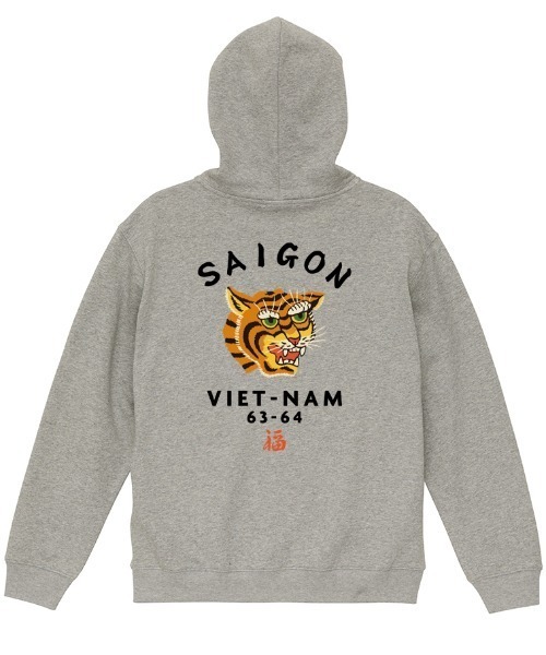 Ol' Basics(オールベーシックス)の「Ol' Basics(オール・ベーシックス) プルパーカー メンズ スウェット 虎 タイガー SAIGON ロゴ プリント プルオーバーパーカー フーディー スエット トップス アメカジ レディース ユニセックス(パーカー・メンズ・ミックスグレー/モスグリーン/ホワイト/ブラック・M/L/XL)」の3枚目の写真