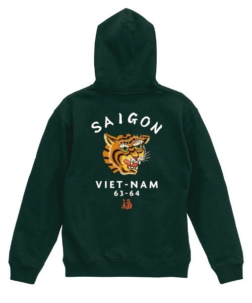 Ol' Basics(オールベーシックス)の「Ol' Basics(オール・ベーシックス) プルパーカー メンズ スウェット 虎 タイガー SAIGON ロゴ プリント プルオーバーパーカー フーディー スエット トップス アメカジ レディース ユニセックス(パーカー・メンズ・ミックスグレー/モスグリーン/ホワイト/ブラック・M/L/XL)」の4枚目の写真