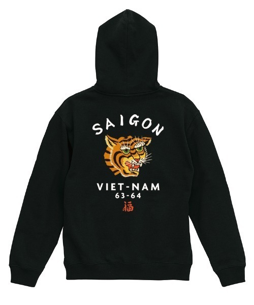 Ol' Basics(オールベーシックス)の「Ol' Basics(オール・ベーシックス) プルパーカー メンズ スウェット 虎 タイガー SAIGON ロゴ プリント プルオーバーパーカー フーディー スエット トップス アメカジ レディース ユニセックス(パーカー・メンズ・ミックスグレー/モスグリーン/ホワイト/ブラック・M/L/XL)」の2枚目の写真