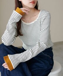 袖口レイヤード風クルーネックニット