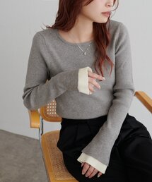 袖口レイヤード風クルーネックニット