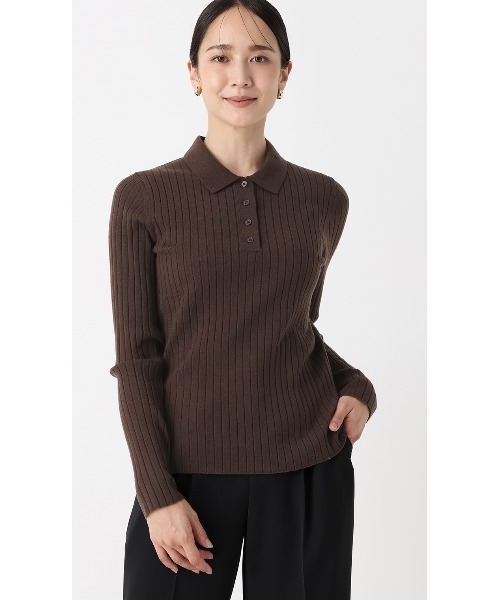 【MADE IN ITALY】 ウール100% リブニット ポロセーター セール】【毛玉CLEARニット】ポロ襟リブニット【長袖】【#すごセーター