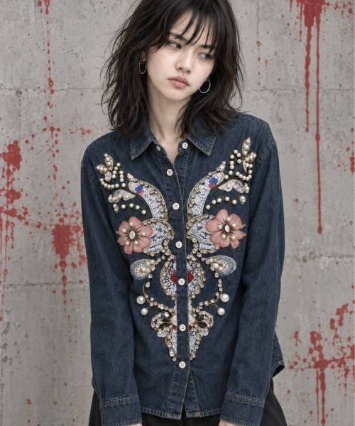 KAMINARI_TOKIO(カミナリトキオ)の「フラワーモチーフプリントビジュー装飾デニムシャツ(シャツ/ブラウス・レディース・ブルー系・FREE)」の19枚目の写真