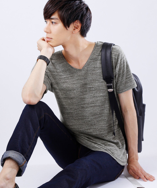 MONO-MART（モノマート）の「半袖フライス編みサマーストレッチカットソー（Tシャツ/カットソー・メンズ・ブラック/カーキ/グレー/ワイン/オートミール/ブルー・M/L）」の2枚目の写真