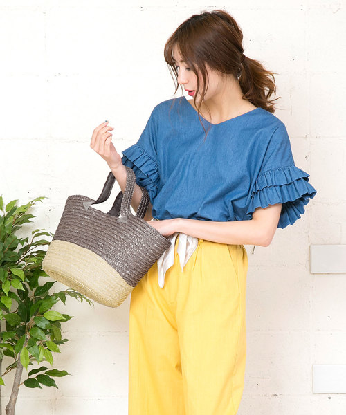 KOBE LETTUCE（コウベレタス）の「バイカラー・ボーダー柄丸底カゴバッグ（かごバッグ・レディース・その他1/その他2/その他3/ブラック系その他/グレー系その他/ベージュ系その他/ピンク系その他・FREE）」の3枚目の写真