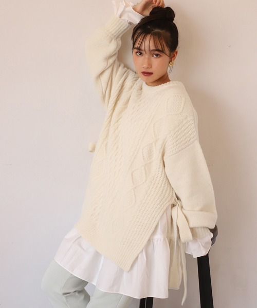 one after another NICE CLAUP（ワンアフターアナザーナイスクラップ）の「サイドリボンケーブルニット（ニット/セーター・レディース・ベージュ/アイボリー/モカ・FREE）」の11枚目の写真