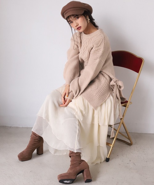 one after another NICE CLAUP（ワンアフターアナザーナイスクラップ）の「サイドリボンケーブルニット（ニット/セーター・レディース・ベージュ/アイボリー/モカ・FREE）」の15枚目の写真