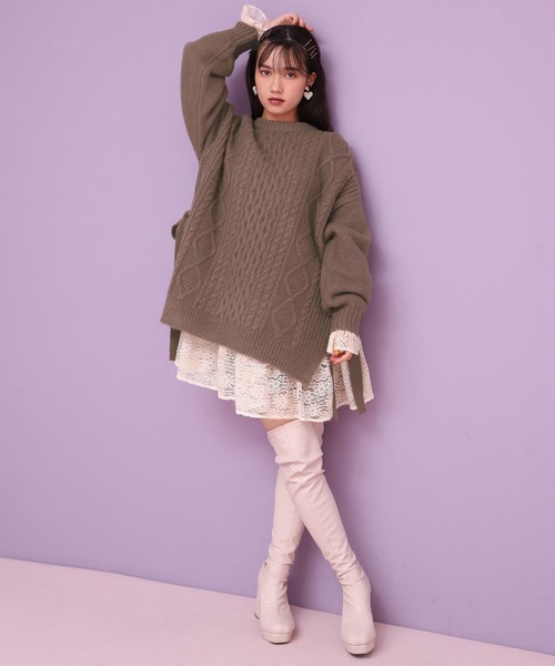 one after another NICE CLAUP（ワンアフターアナザーナイスクラップ）の「サイドリボンケーブルニット（ニット/セーター・レディース・ベージュ/アイボリー/モカ・FREE）」の16枚目の写真