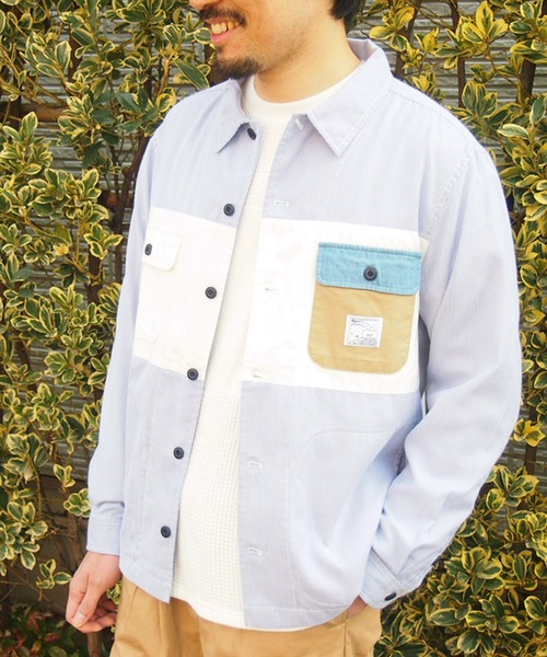 grn（ジーアールエヌ）の「◇PANELBIGSHIRT　ﾊﾟﾈﾙﾋﾞｯｸｼﾙｴｯﾄｼｬﾂ　ﾂｲﾙ/ﾃﾞﾆﾑ/ﾋｯｺﾘｰ（シャツ/ブラウス・メンズ・ホワイト/インディゴブルー/ストライプ・M/L）」の3枚目の写真