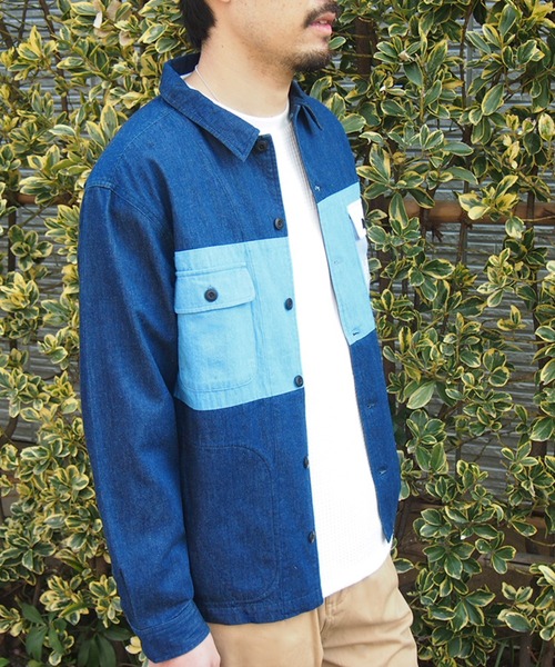 grn（ジーアールエヌ）の「◇PANELBIGSHIRT　ﾊﾟﾈﾙﾋﾞｯｸｼﾙｴｯﾄｼｬﾂ　ﾂｲﾙ/ﾃﾞﾆﾑ/ﾋｯｺﾘｰ（シャツ/ブラウス・メンズ・ホワイト/インディゴブルー/ストライプ・M/L）」の7枚目の写真