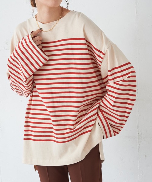 DISCOAT（ディスコート）の「バスクボーダービッグロングスリーブ（Tシャツ/カットソー・レディース・ダークグリーン/ネイビー/レッド/ダークブルー/グリーン/イエロー・FREE）」の6枚目の写真