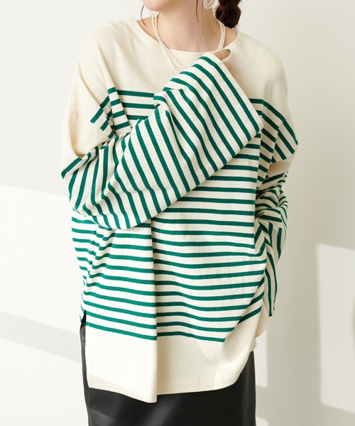 DISCOAT（ディスコート）の「バスクボーダービッグロングスリーブ（Tシャツ/カットソー・レディース・ダークグリーン/ネイビー/レッド/ダークブルー/グリーン/イエロー・FREE）」の11枚目の写真