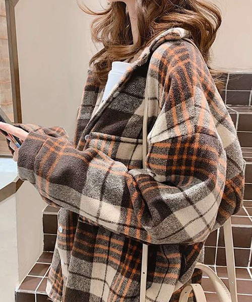 起毛チェックシャツ　ブラウン　L オーバーサイズチェック起毛シャツ（シャツ/ブラウス）｜Girly
