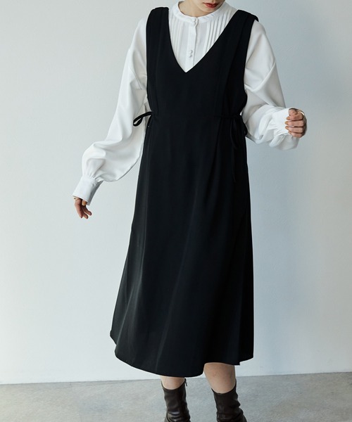 ECRIRE（エクリール）の「ｻｲﾄﾞﾘﾎﾞﾝVﾈｯｸﾛﾝｸﾞﾜﾝﾋﾟｰｽ（ベスト・レディース・ブラック/ネイビー/ベージュ・M）」の5枚目の写真