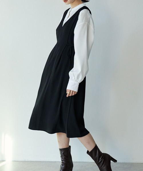 ECRIRE（エクリール）の「ｻｲﾄﾞﾘﾎﾞﾝVﾈｯｸﾛﾝｸﾞﾜﾝﾋﾟｰｽ（ベスト・レディース・ブラック/ネイビー/ベージュ・M）」の7枚目の写真