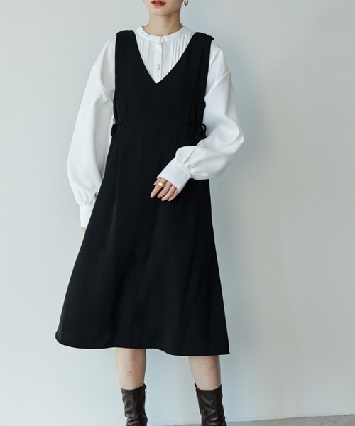 ECRIRE（エクリール）の「ｻｲﾄﾞﾘﾎﾞﾝVﾈｯｸﾛﾝｸﾞﾜﾝﾋﾟｰｽ（ベスト・レディース・ブラック/ネイビー/ベージュ・M）」の8枚目の写真