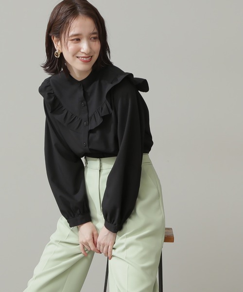 N.（N. Natural Beauty Basic）（エヌエヌナチュラルビューティーベーシック）の「◆スタンドネックフリル長袖ブラウス（シャツ/ブラウス・レディース・ブラック/オフホワイト/イエロー・MEDIUM）」の2枚目の写真