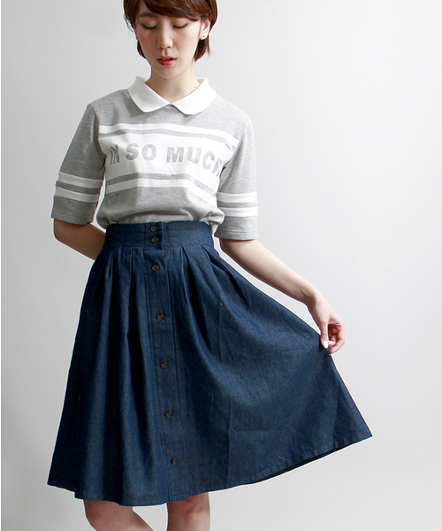WEGO（ウィゴー）の「WEGO/デニム前ボタンタックスカート（デニムスカート・レディース・インディゴブルー/ダークインディゴブルー・FREE）」の2枚目の写真