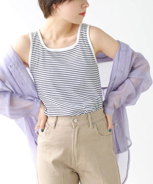 GeeRA（ジーラ）の「テレコリブタンクトップ（タンクトップ・レディース・アイボリー/ピンクベージュ/ブラック/オフホワイト/イエロー/ライトグリーン/グリーン/パープル・MEDIUM/LARGE/X-LARGE）」の3枚目の写真