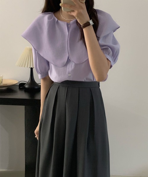 me+em select（ミームセレクト）の「【 ５色展開 】ラッフルフリルビッグカラーシアーパステル半袖シャツブラウス（シャツ/ブラウス・レディース・パープル/ピンク/ブルー/ベージュ/ホワイト・FREE）」の18枚目の写真