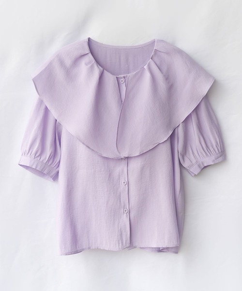 me+em select（ミームセレクト）の「【 ５色展開 】ラッフルフリルビッグカラーシアーパステル半袖シャツブラウス（シャツ/ブラウス・レディース・パープル/ピンク/ブルー/ベージュ/ホワイト・FREE）」の21枚目の写真