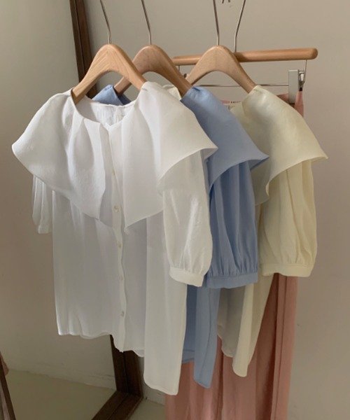 me+em select（ミームセレクト）の「【 ５色展開 】ラッフルフリルビッグカラーシアーパステル半袖シャツブラウス（シャツ/ブラウス・レディース・パープル/ピンク/ブルー/ベージュ/ホワイト・FREE）」の13枚目の写真