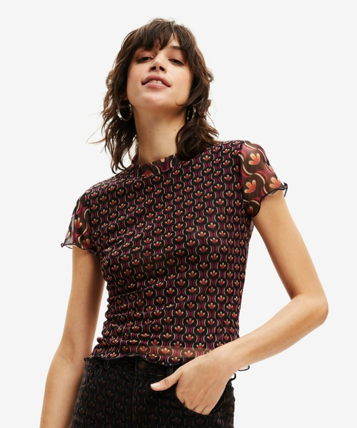デシグアル Desigual レトロプリント チュールTシャツ （グレー/ブラック） デシグアル Desigual レトロプリント チュールTシャツ （グレー