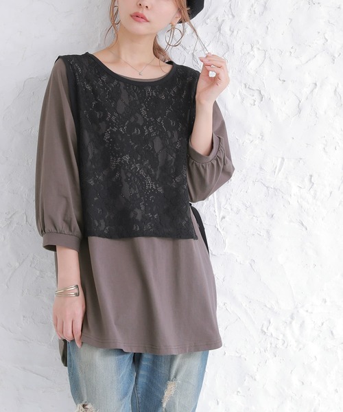 osharewalker（オシャレウォーカー）の「『カットソー＆レースベストセット』（Tシャツ/カットソー・レディース・ブラック/グリーン・2/1）」の2枚目の写真