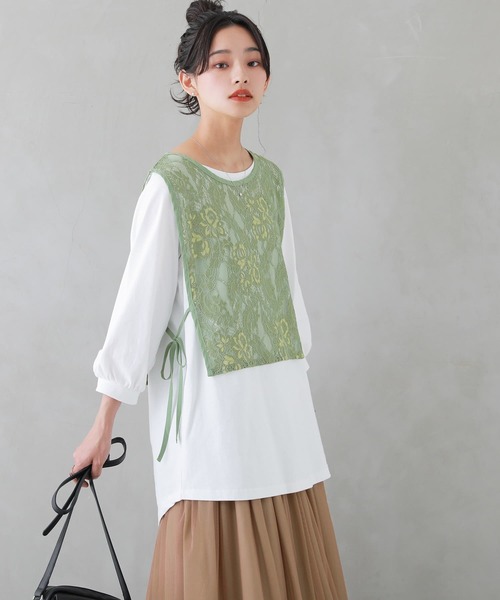 osharewalker（オシャレウォーカー）の「『カットソー＆レースベストセット』（Tシャツ/カットソー・レディース・ブラック/グリーン・2/1）」の3枚目の写真
