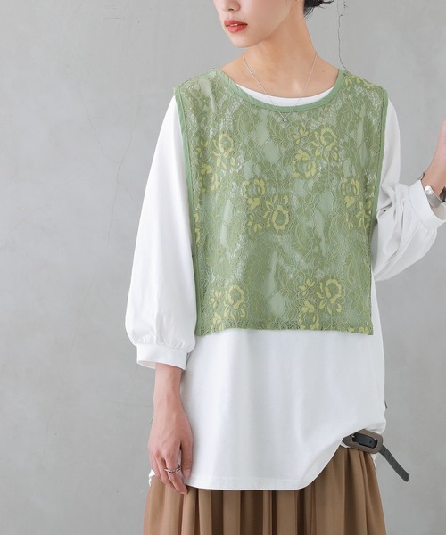 osharewalker（オシャレウォーカー）の「『カットソー＆レースベストセット』（Tシャツ/カットソー・レディース・ブラック/グリーン・2/1）」の4枚目の写真